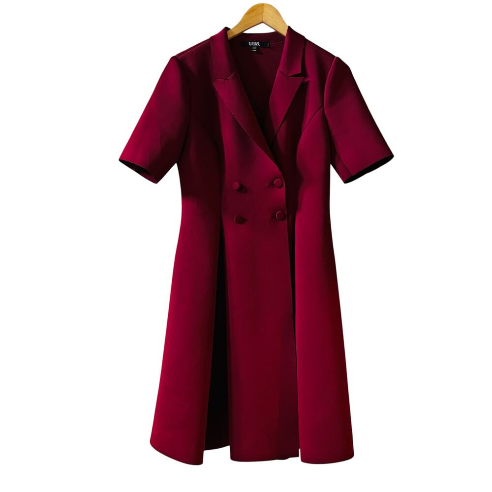 Badgley Mischka Scuba Double Breasted Pleated Short Sleeve Dress Sz 12 Burgundy - Picture 2 of 11